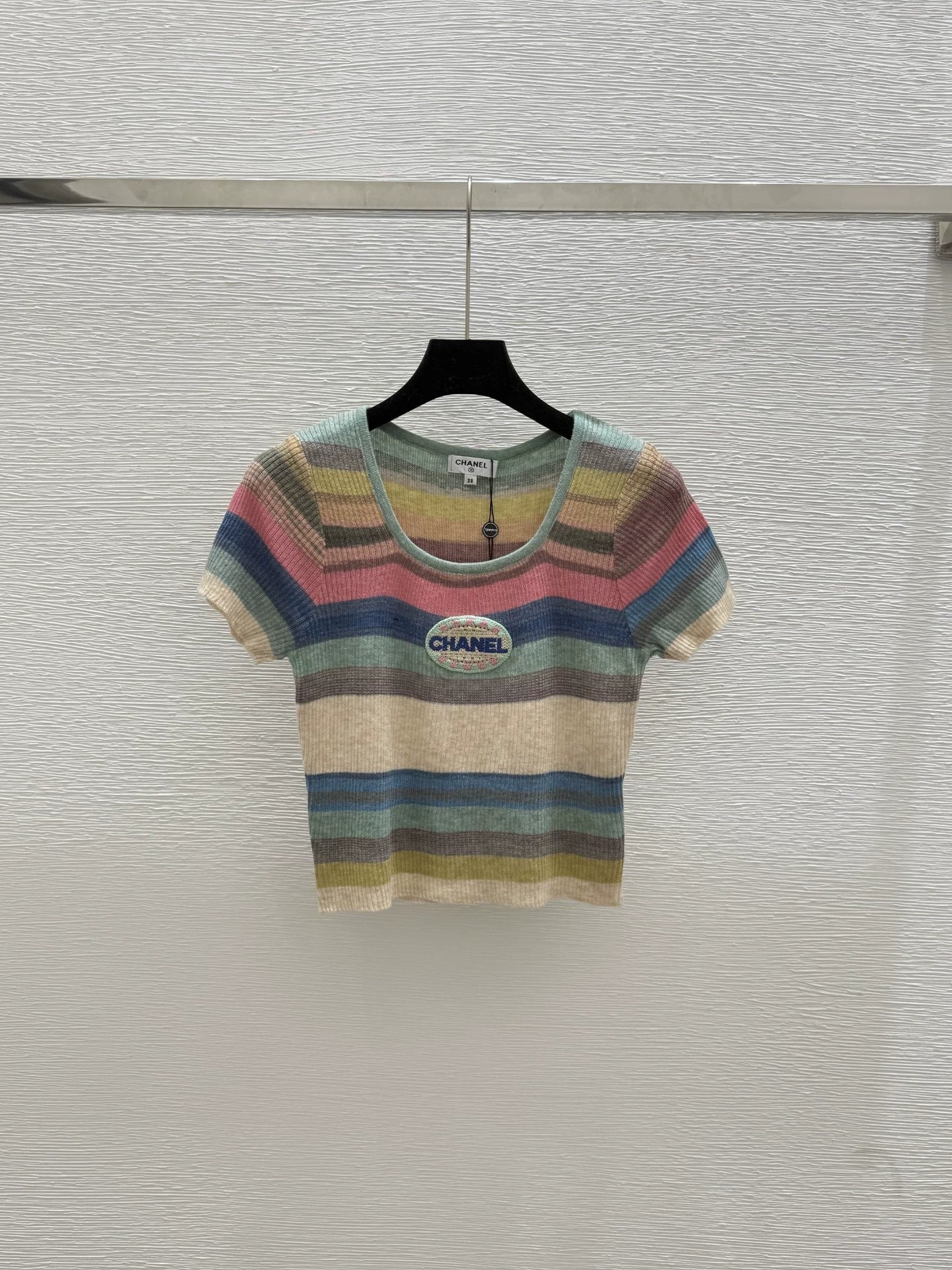 2025 Summer New Color Striped Knitted Short Sleeve Top