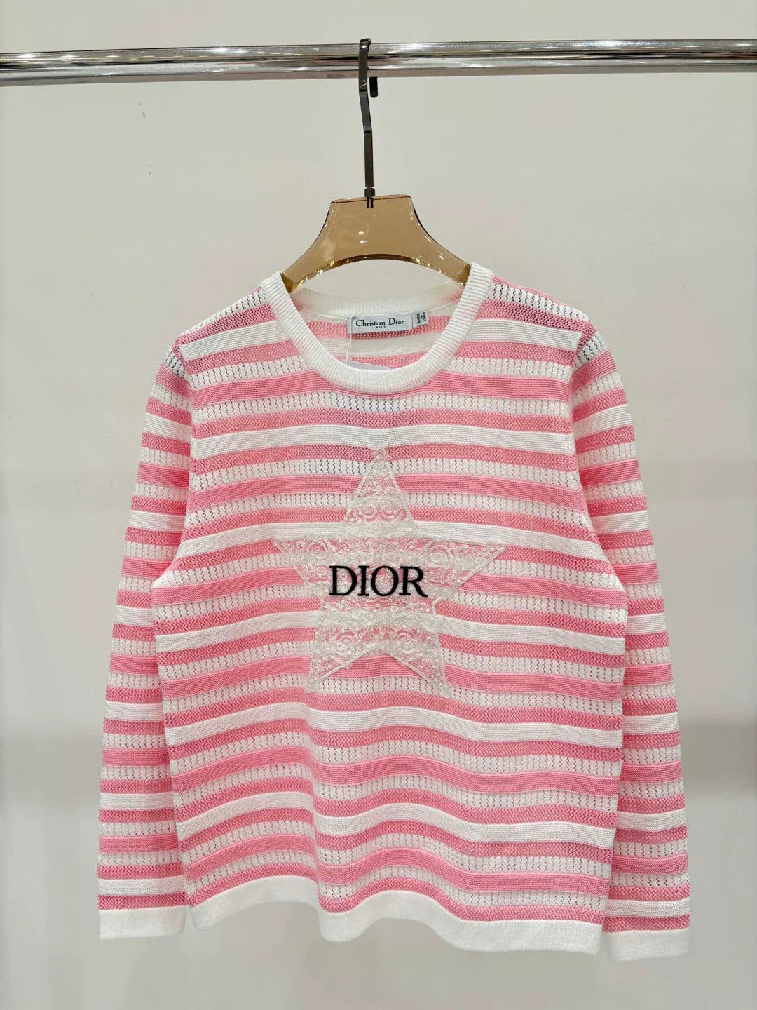D 25 Spring and Summer New Round Neck Letter Star Embroidery Jacquard Stripe Contrast Color Knitted Long Sleeve