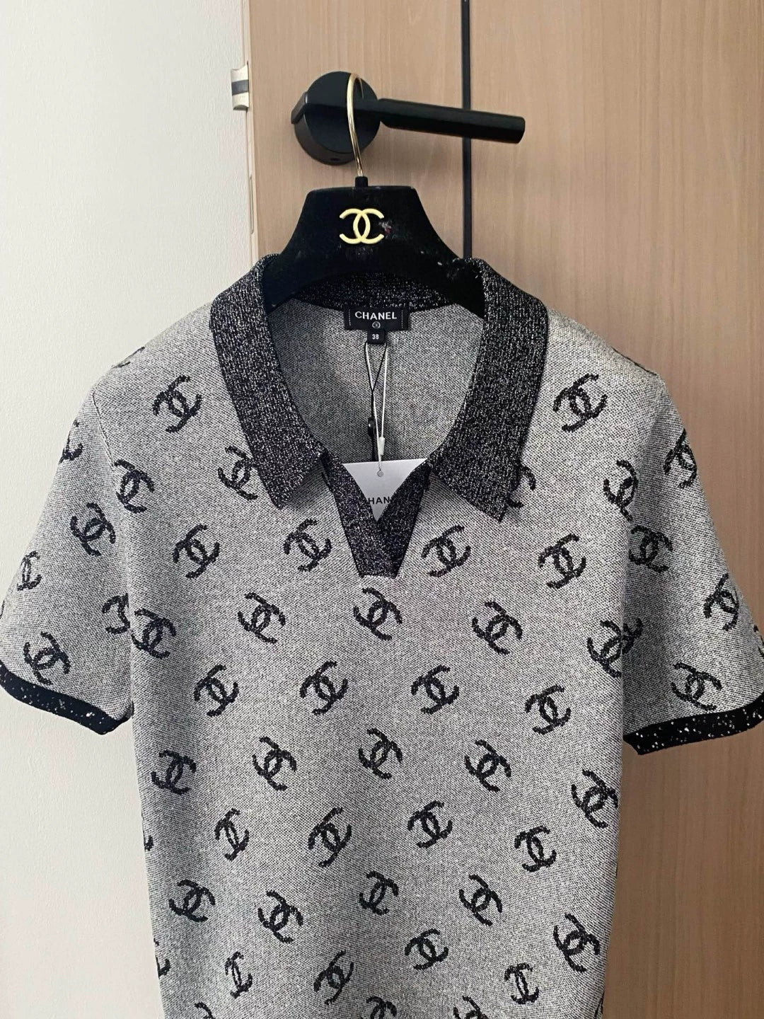 C 25 new color clashing pattern lapel short sleeve knitting