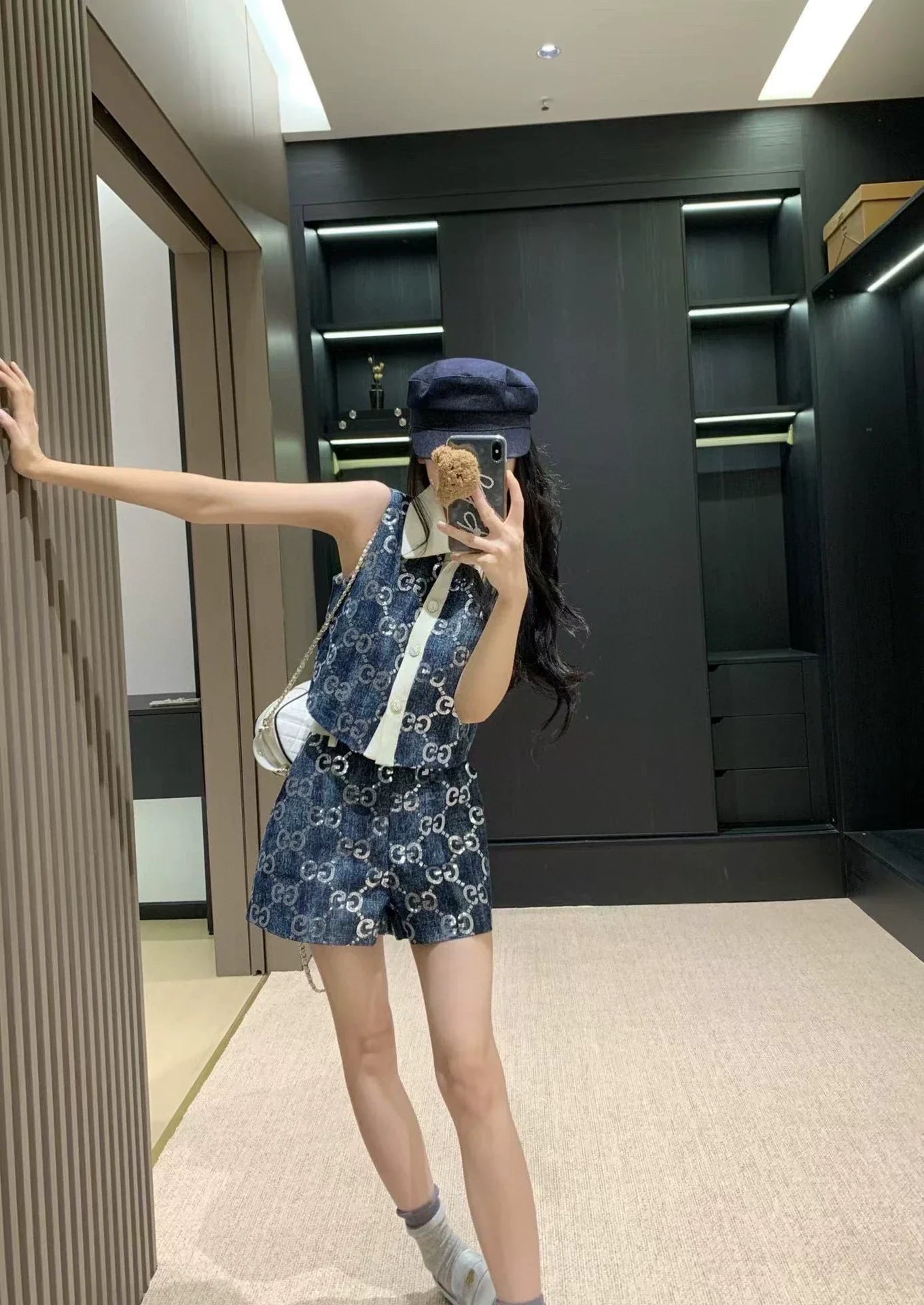 G 25 Denim beaded embroidered patchwork vest ➕shorts set