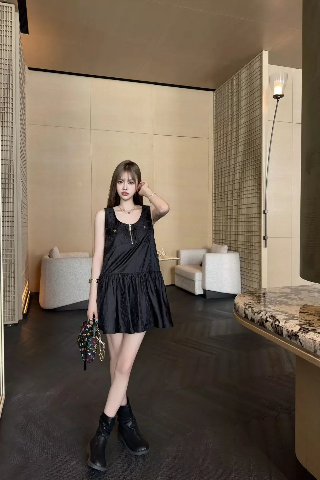 25 New Dark Floral Pocket Zipper Vest Dresses