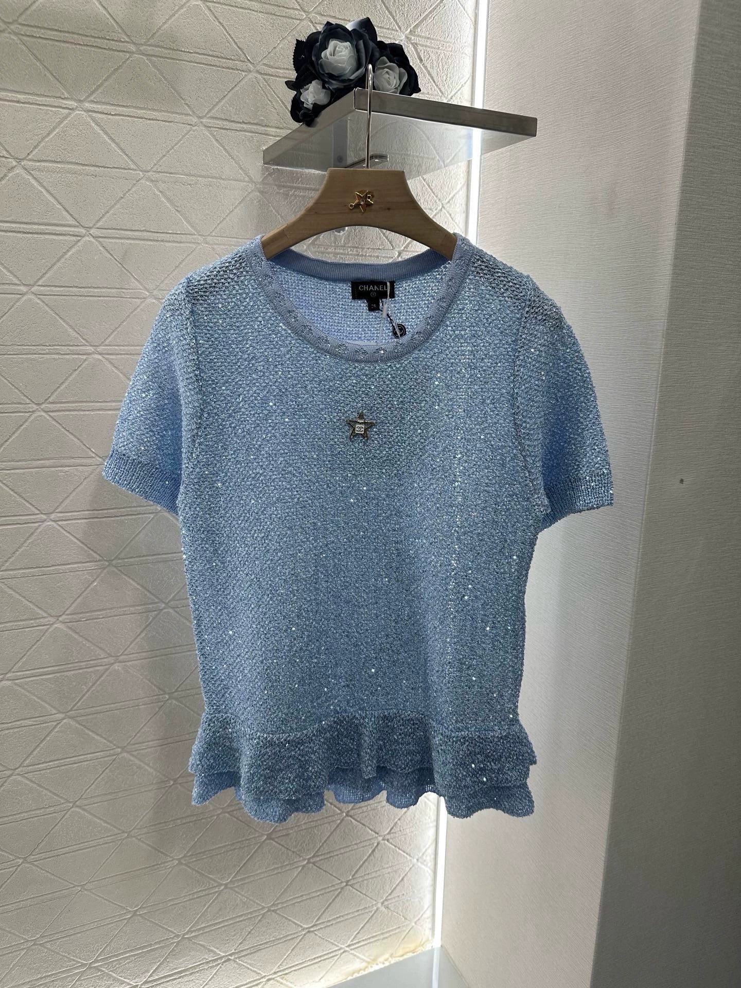 25 Starry Crystal Beaded Specialty Yarn Short Sleeve Top