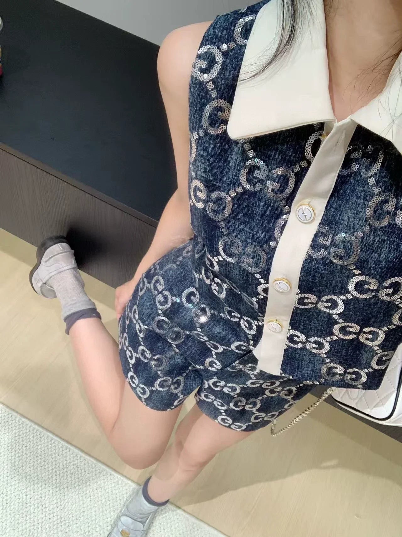 G 25 Denim beaded embroidered patchwork vest ➕shorts set