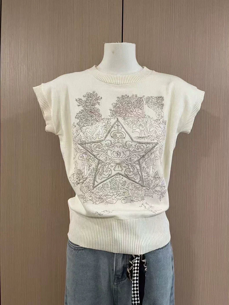Five-pointed star heavy embroidery sleeveless top
