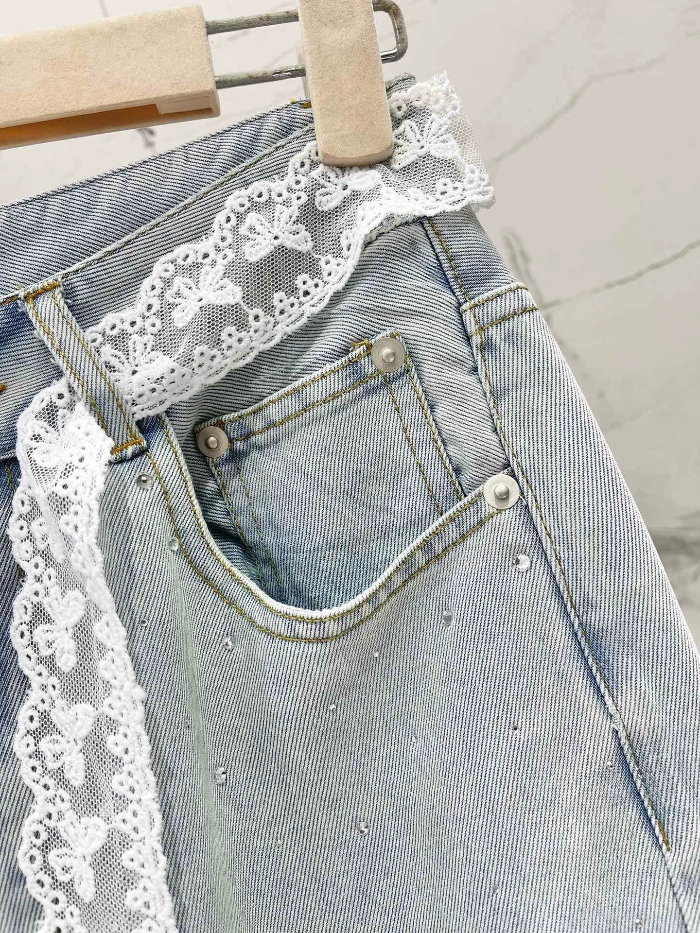 M 25 spring and summer new thin lace hot diamond straight jeans