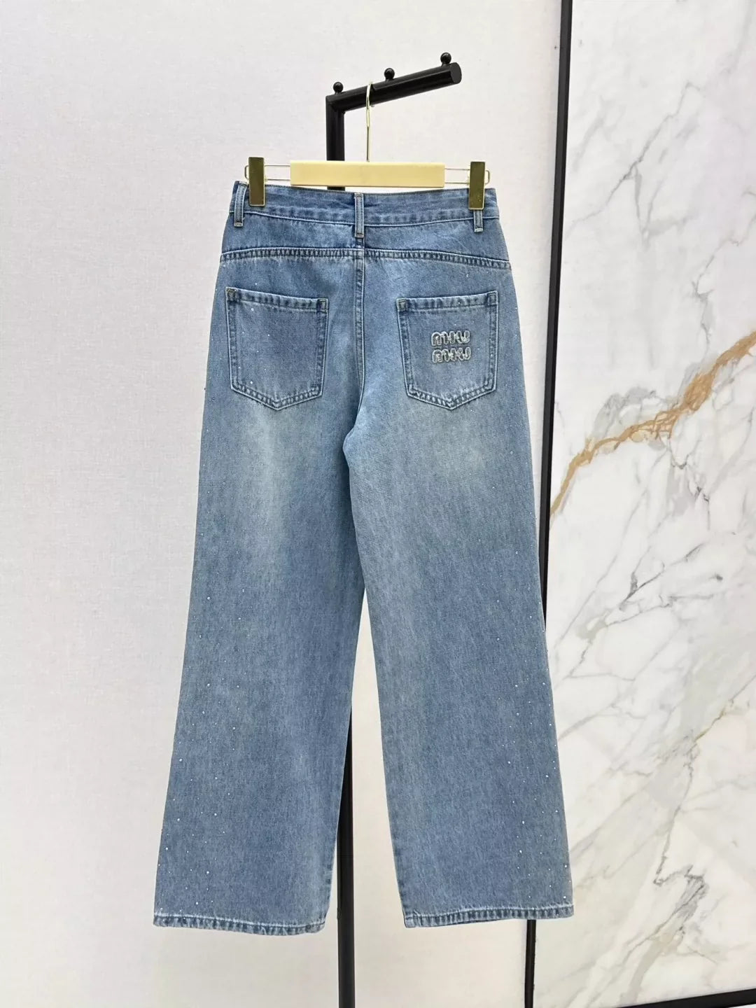 M 25 Splicing, water-soluble embroidered edges, rhinestone jeans