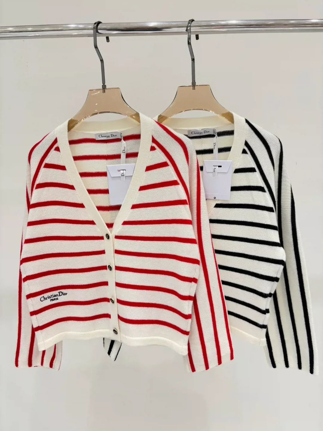 25 Spring and Summer new V-neck letter logo embroidery stripes contrast color casual knitted cardigan