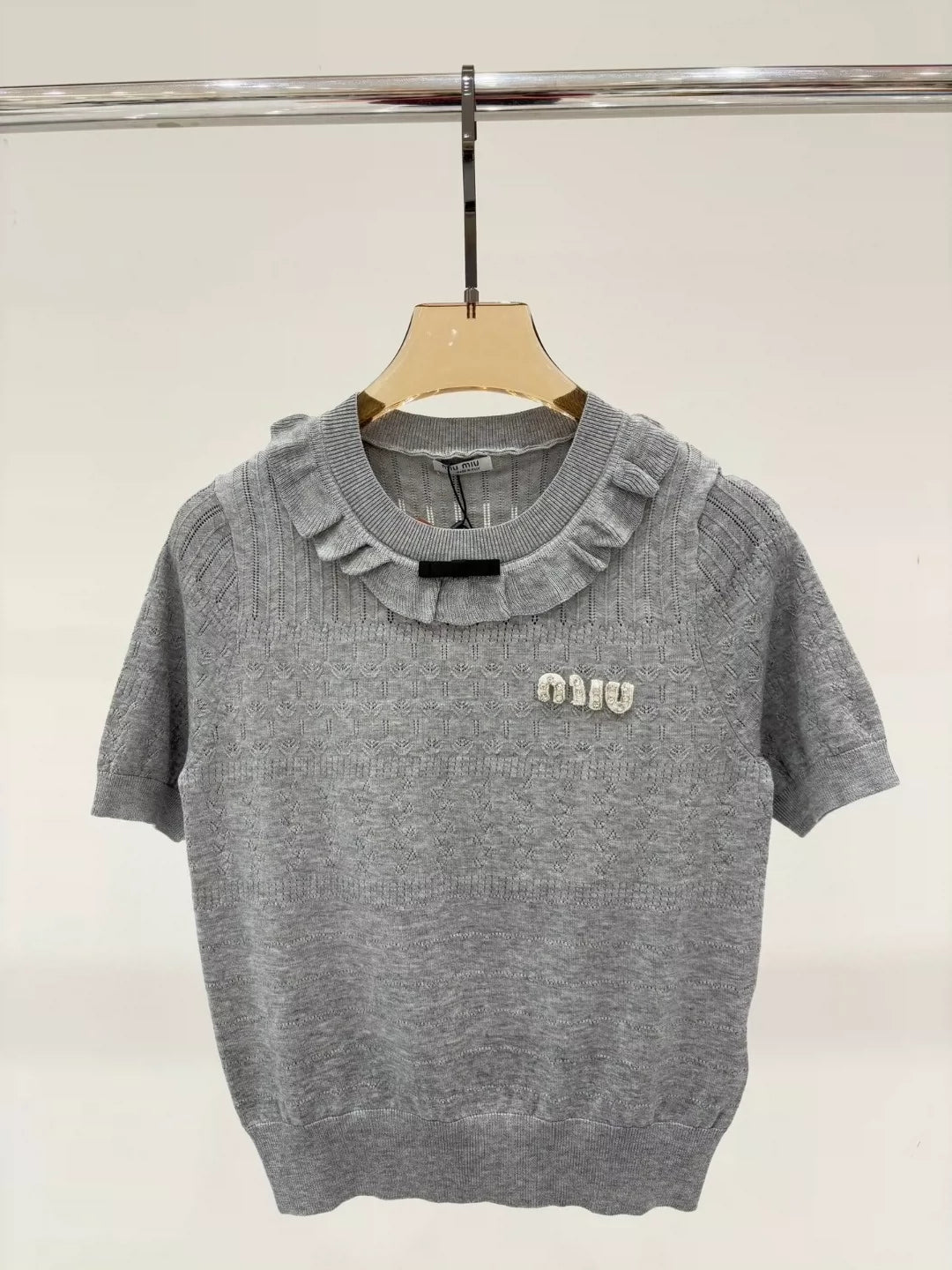 25 Early spring new round neck letter logo inlaid diamond ruffles decorative casual knitted short sleeves