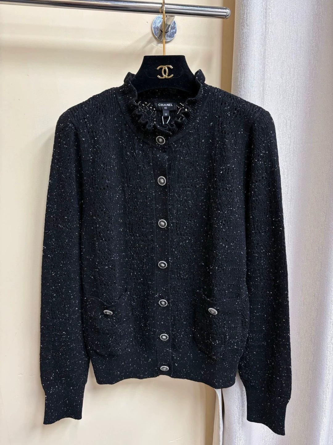 2025 Summer New Hollow Pocket Single-Breasted Ruffled Stand Collar Long-Sleeved Knitted Cardigan