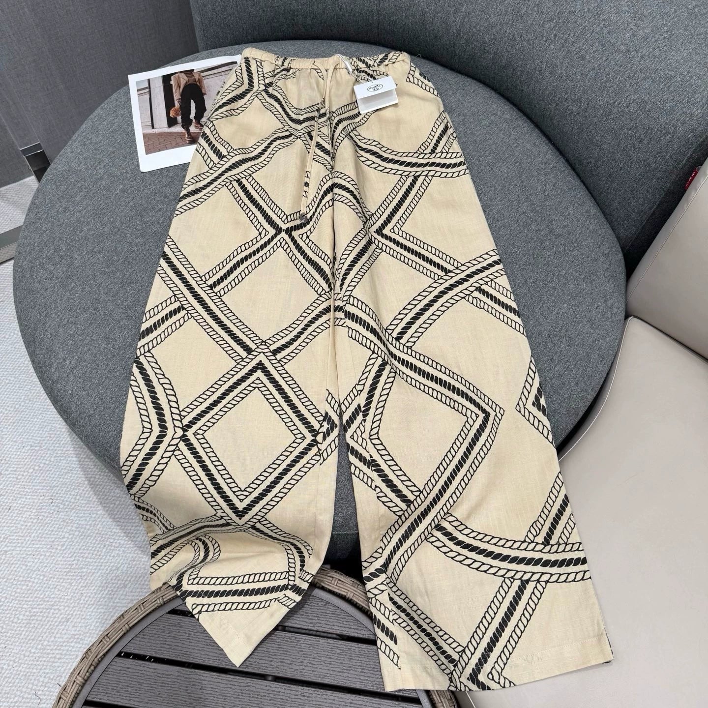 H 25 Summer Vintage Chain Print Linen Loose Trousers