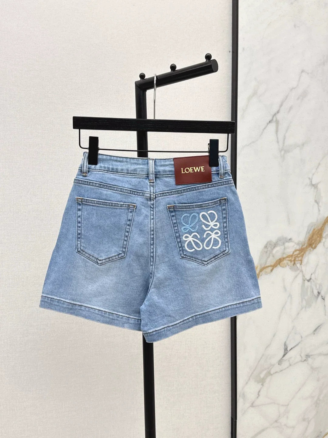 25 Latest Classic Monogrammed Leather Tag Embellished Denim Shorts ( Large Size )