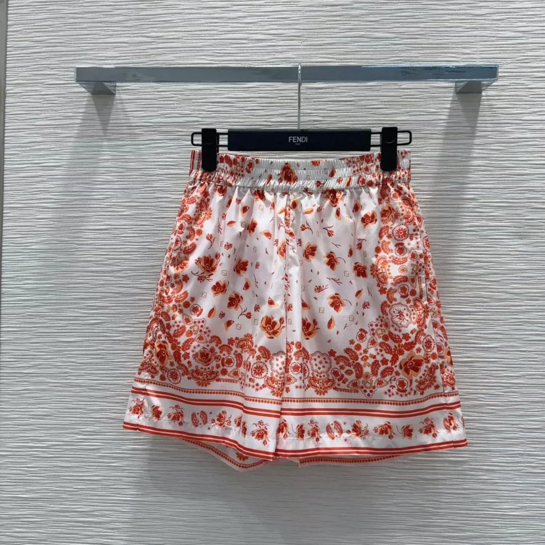 F 25 New Printed Pocket Drawstring Zipper Vest Shorts Set