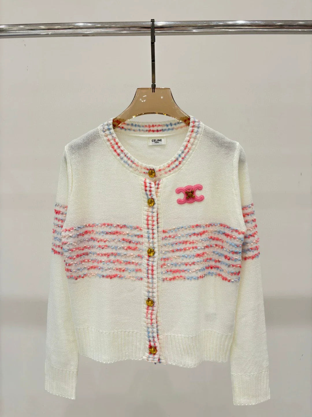 CE 25 Spring and Summer new round neck letter logo logo stripe mixed color knitted cardigan