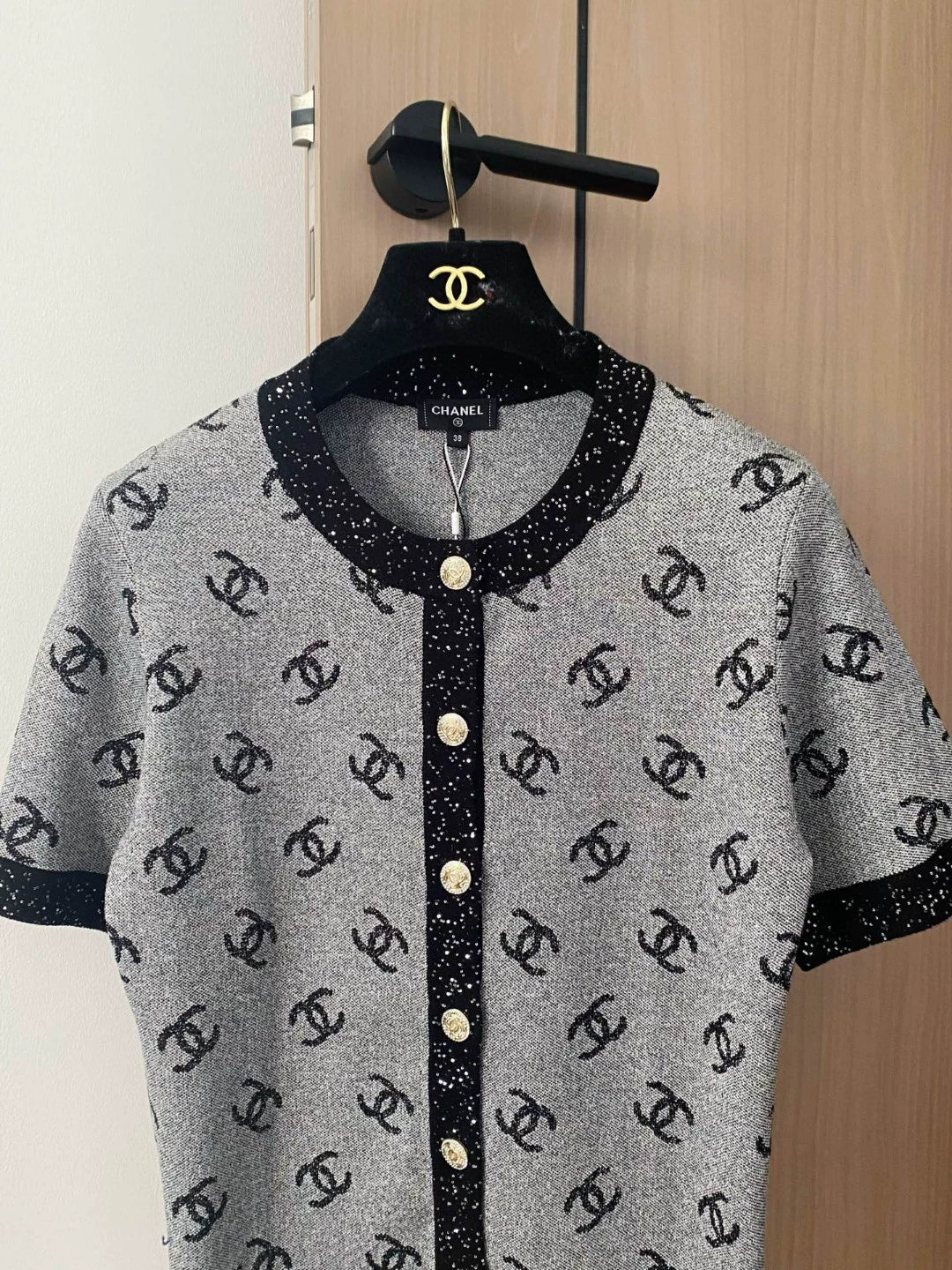 C 25 new color clashing pattern single-breasted round neck short-sleeved knitting