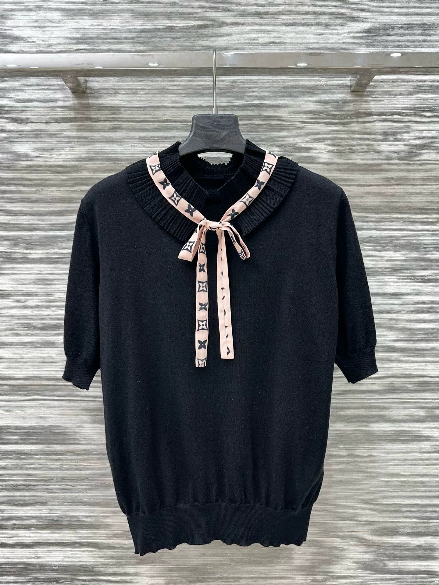 25 Spring/Summer New Lace Stand-up Collar Real Ribbon Short Sleeve