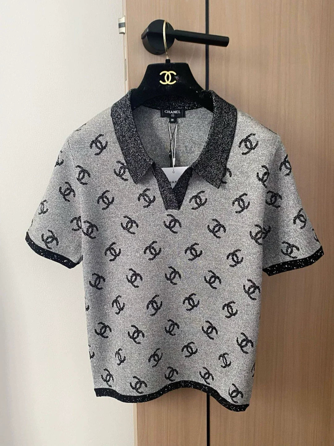C 25 new color clashing pattern lapel short sleeve knitting