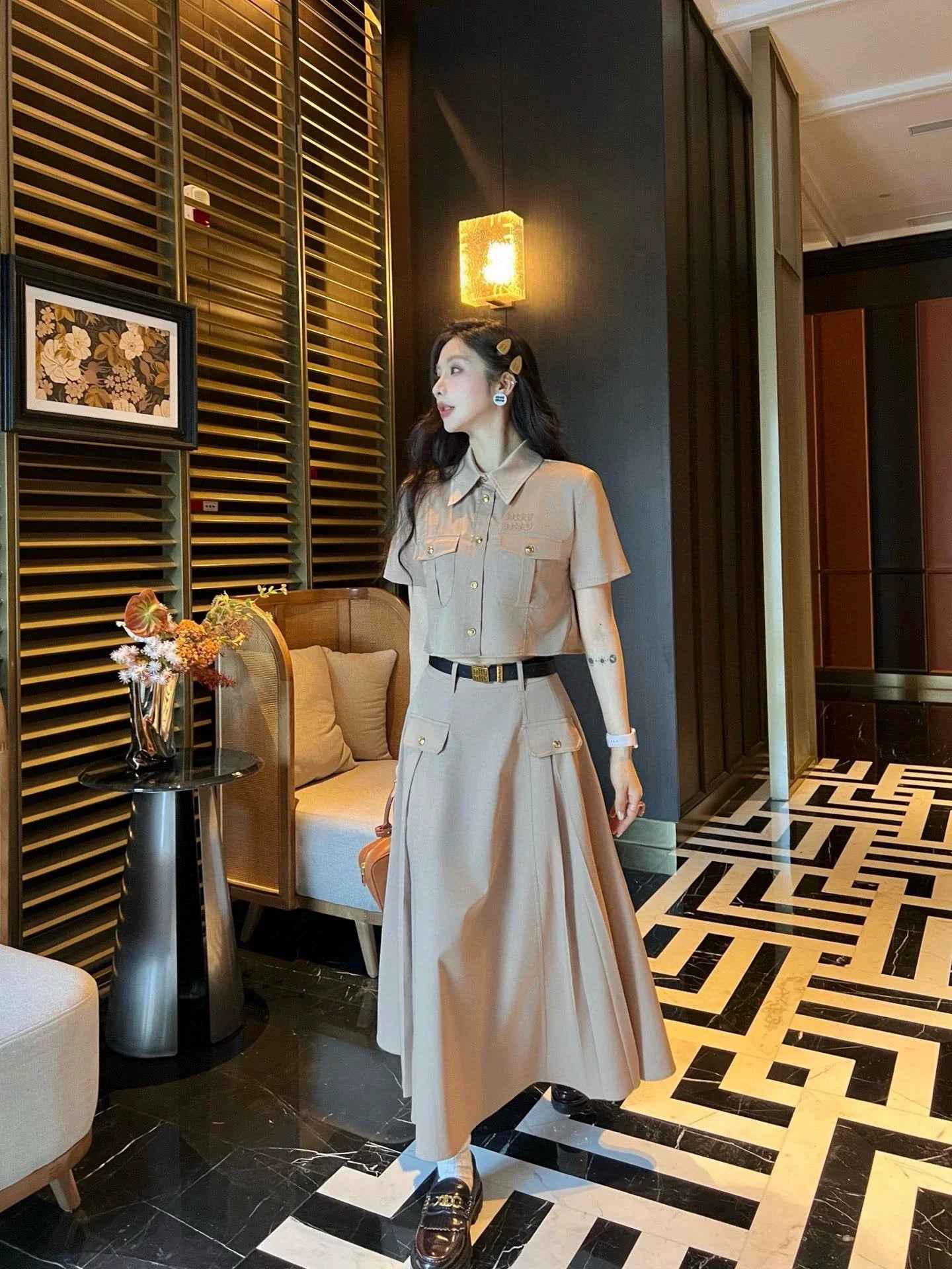 25 New Work Style Short Top + Skirt with Belt Set
