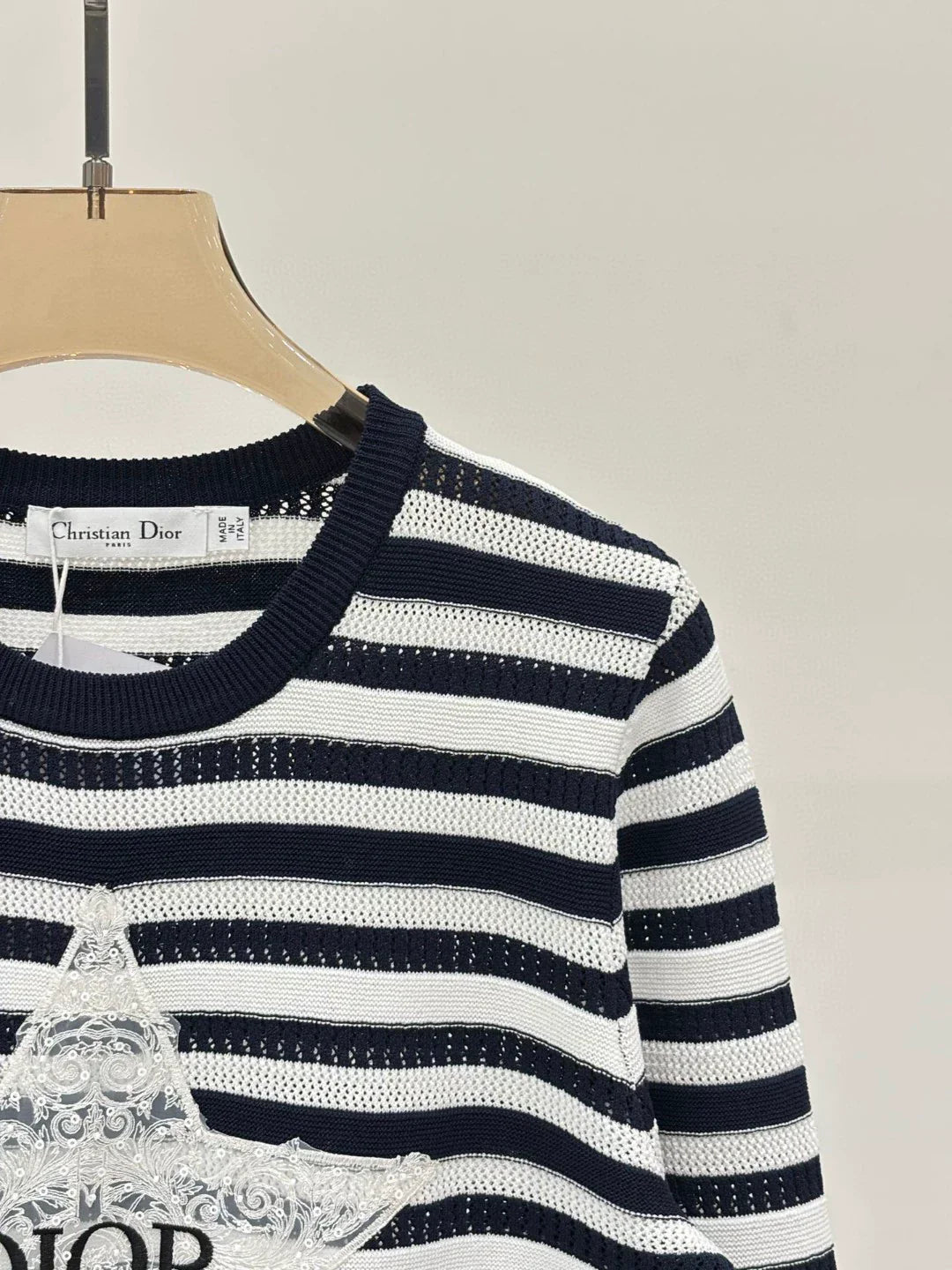 D 25 Spring and Summer New Round Neck Letter Star Embroidery Jacquard Stripe Contrast Color Knitted Long Sleeve