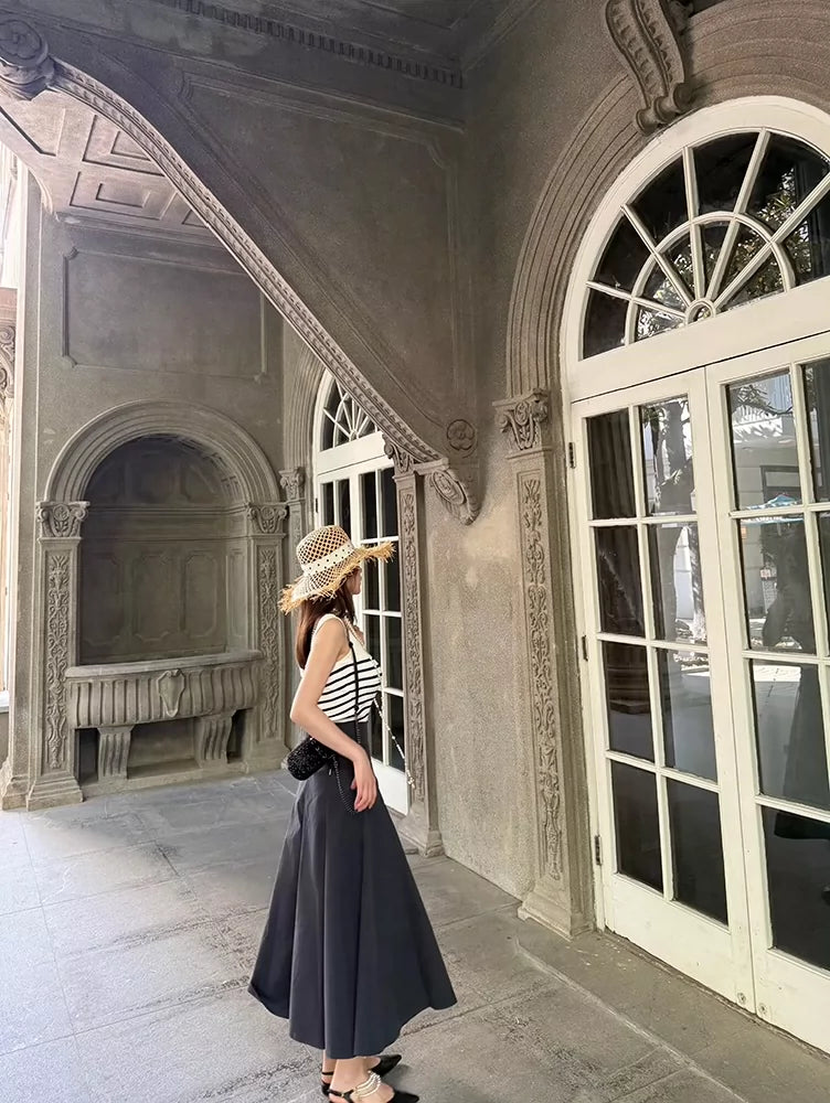 2025 new style light luxury age-reducing striped top + three-dimensional belted skirt