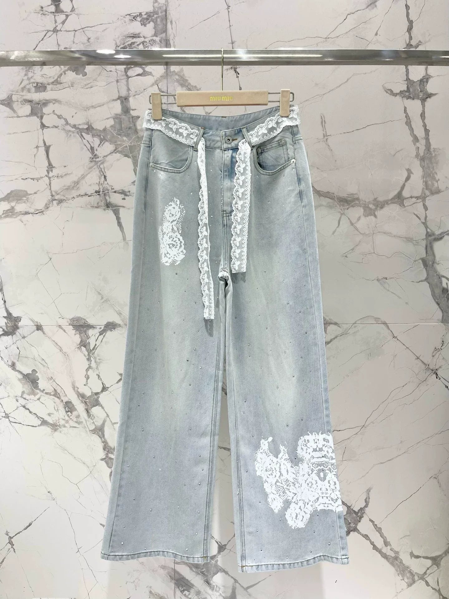 M 25 spring and summer new thin lace hot diamond straight jeans