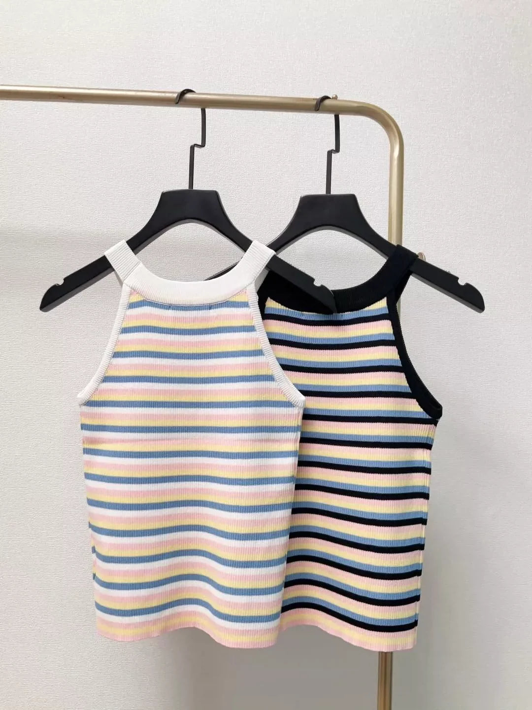 C 25 New Chest Letter Patch Embroidery Color Block Stripe Round Neck Knit Neck Cami Tank Top