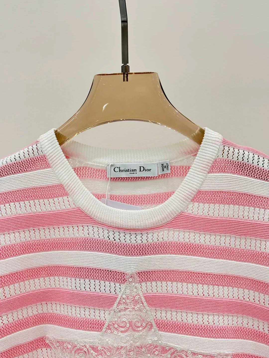 D 25 Spring and Summer New Round Neck Letter Star Embroidery Jacquard Stripe Contrast Color Knitted Long Sleeve