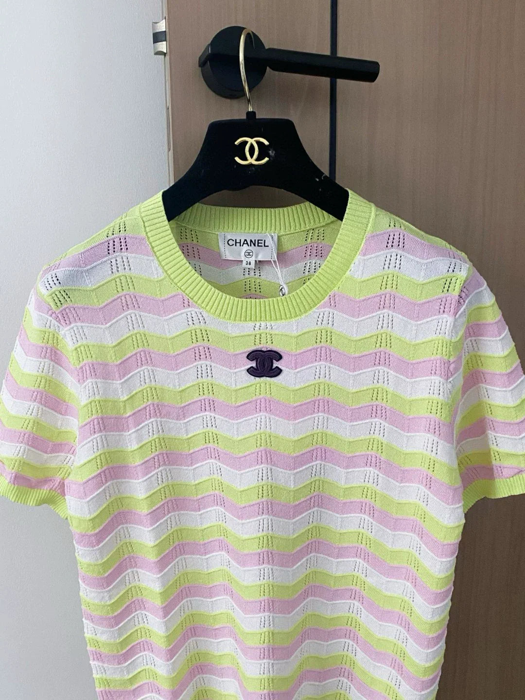 C 25 new color collision striped hollow round neck short sleeve knitting
