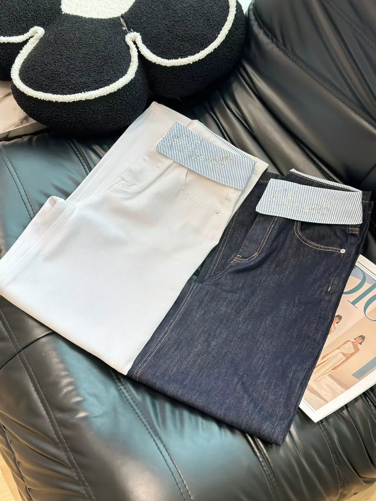 25 Cuffed rhinestone lettered denim straight-leg pants