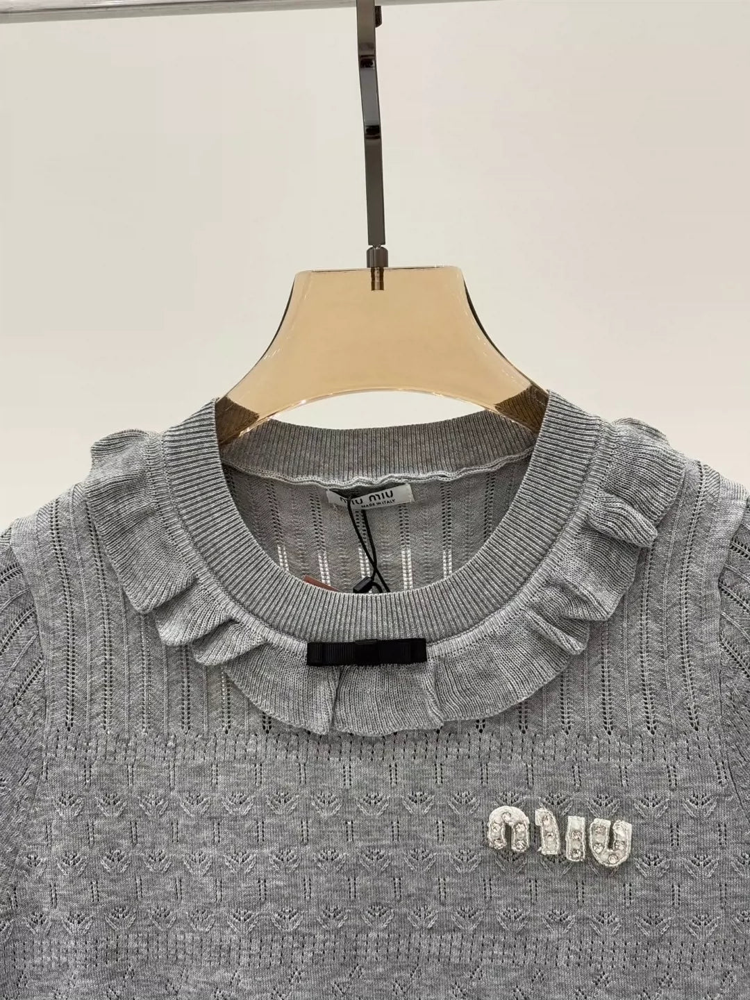 25 Early spring new round neck letter logo inlaid diamond ruffles decorative casual knitted short sleeves