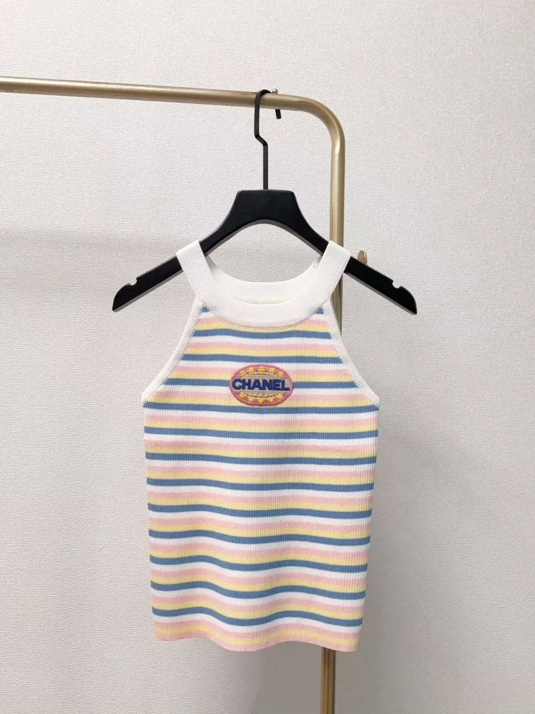 C 25 New Chest Letter Patch Embroidery Color Block Stripe Round Neck Knit Neck Cami Tank Top