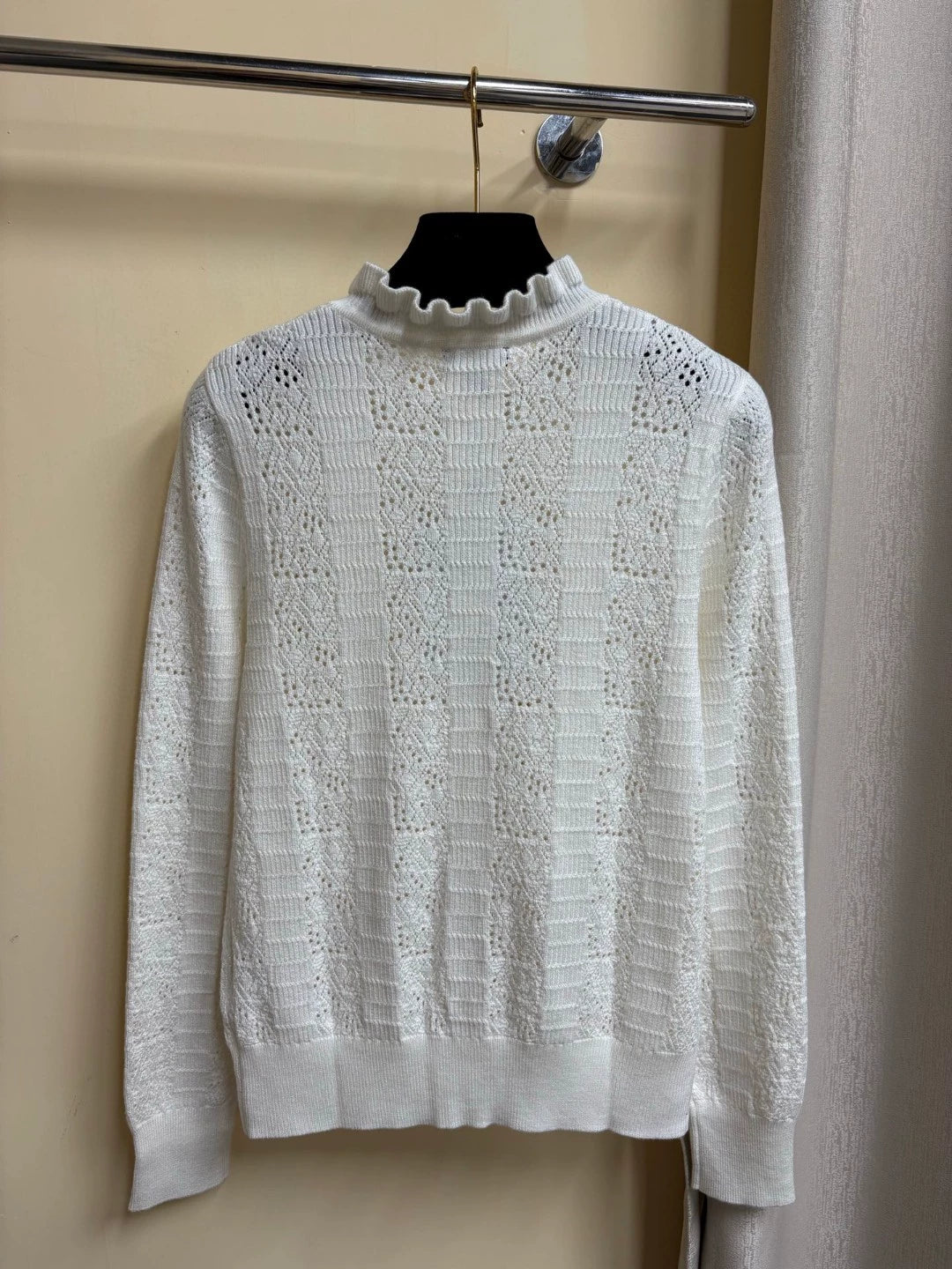2025 Summer New Hollow Pocket Single-Breasted Ruffled Stand Collar Long-Sleeved Knitted Cardigan