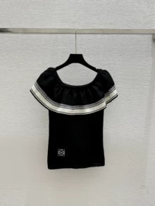 2025 Summer New Color-contrast Ruffled One-shoulder Knitted Short-sleeved Top