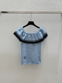 2025 Summer New Color-contrast Ruffled One-shoulder Knitted Short-sleeved Top