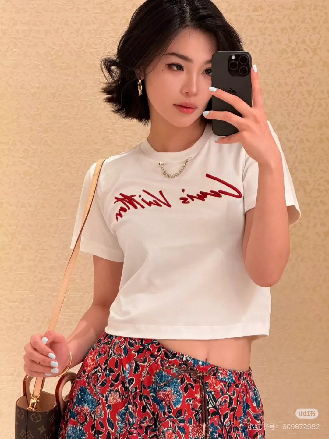 L 25 New Embroidered Letter Chain Short Sleeve Short T-Shirt