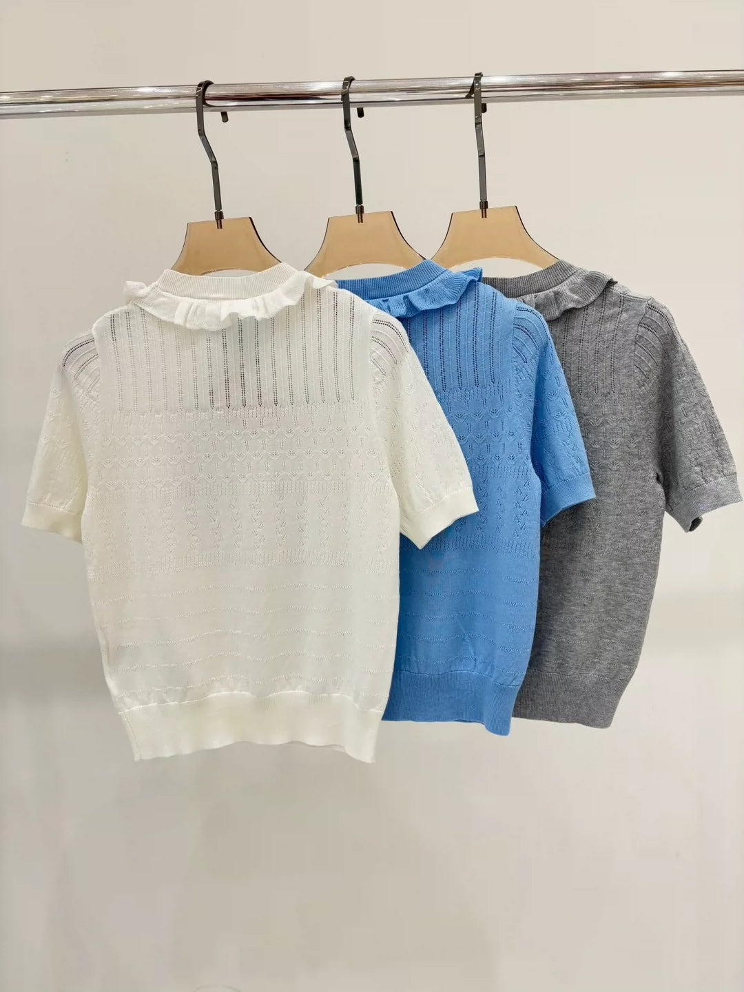 25 Early spring new round neck letter logo inlaid diamond ruffles decorative casual knitted short sleeves
