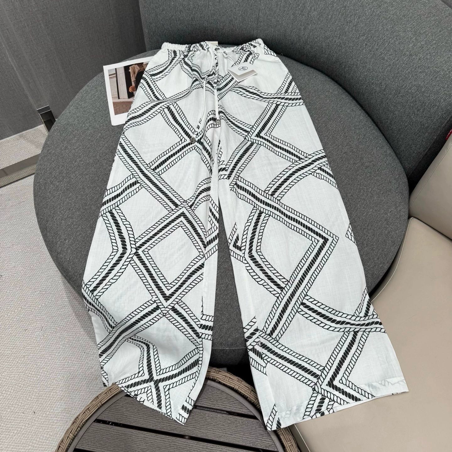 H 25 Summer Vintage Chain Print Linen Loose Trousers