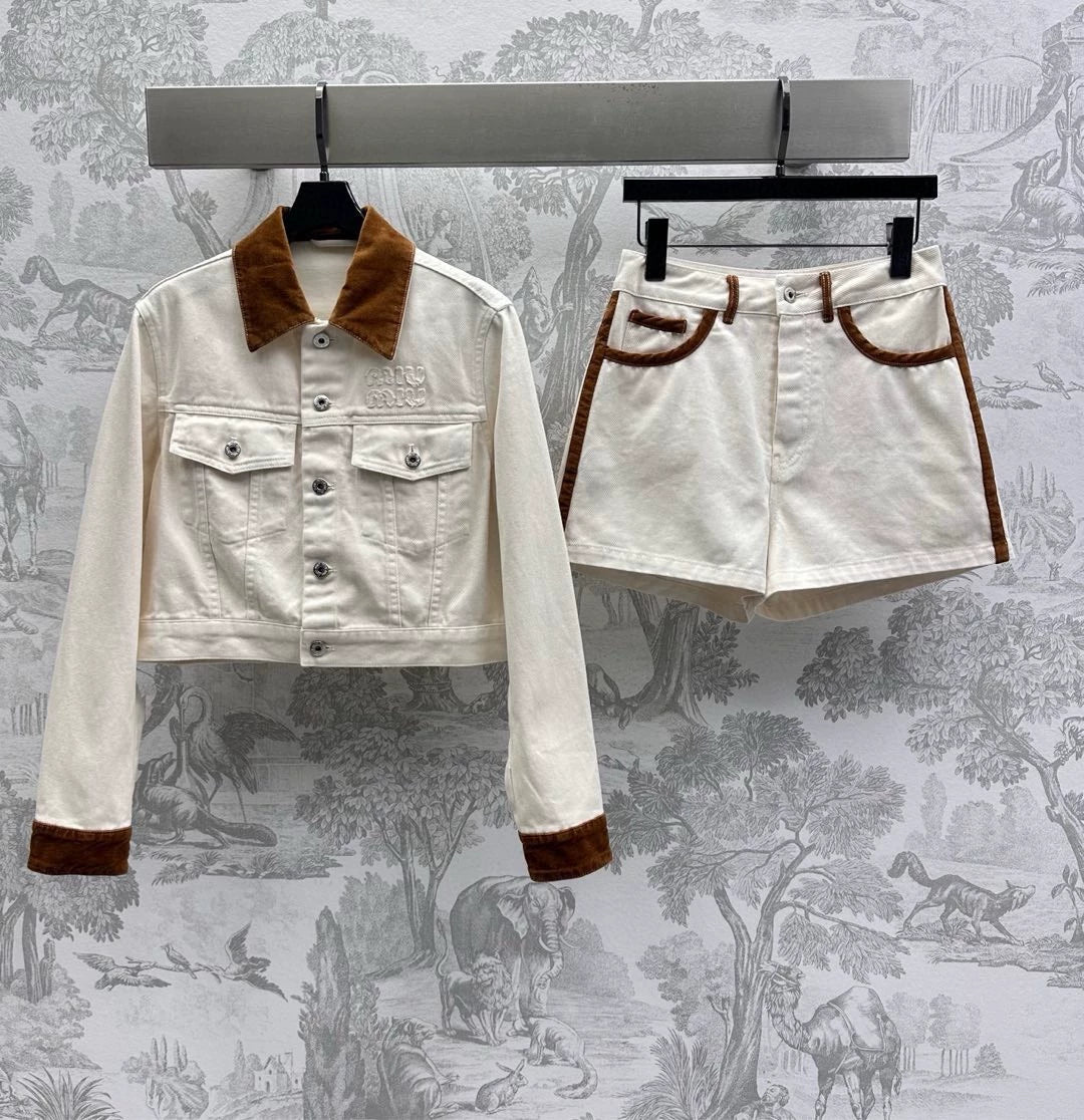 25 new contrast color hemming denim jacket + same style denim shorts