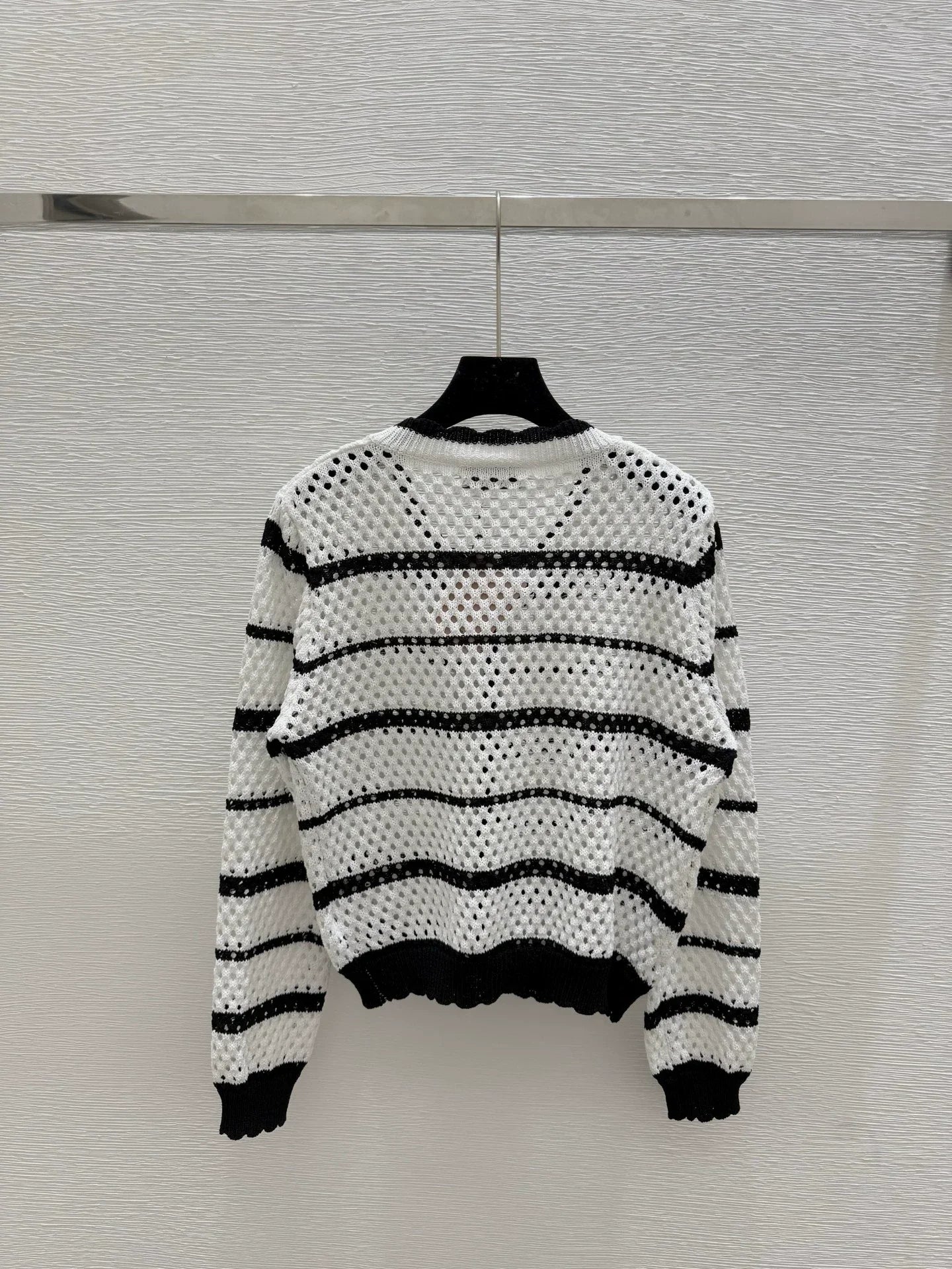 25 new striped logo hollow long sleeve knitted cardigan