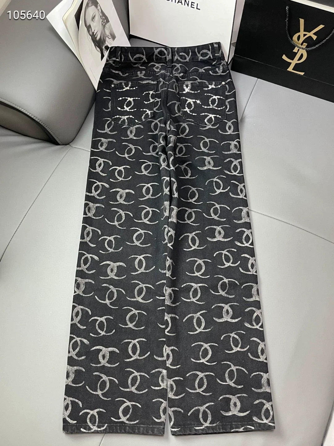 C 25 Full print double c back pocket hand studded sequin jeans