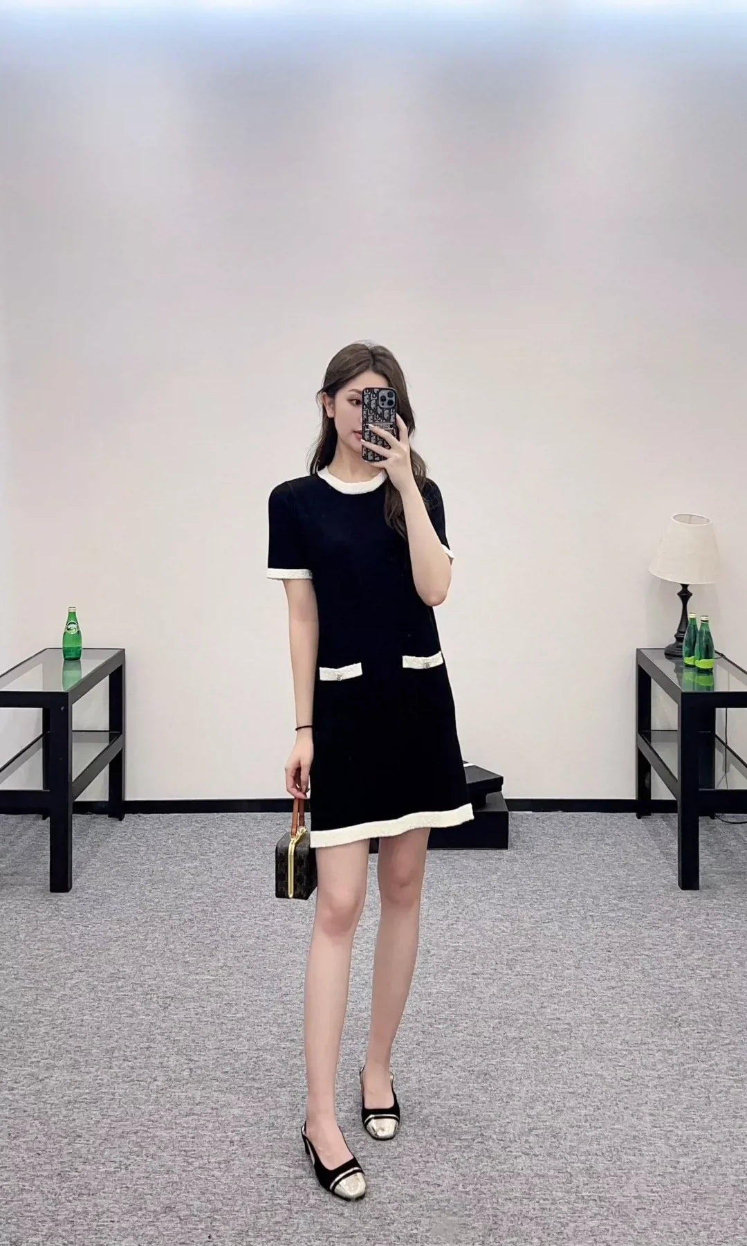 c 25 new summer black and white color clash knit short-sleeved dress