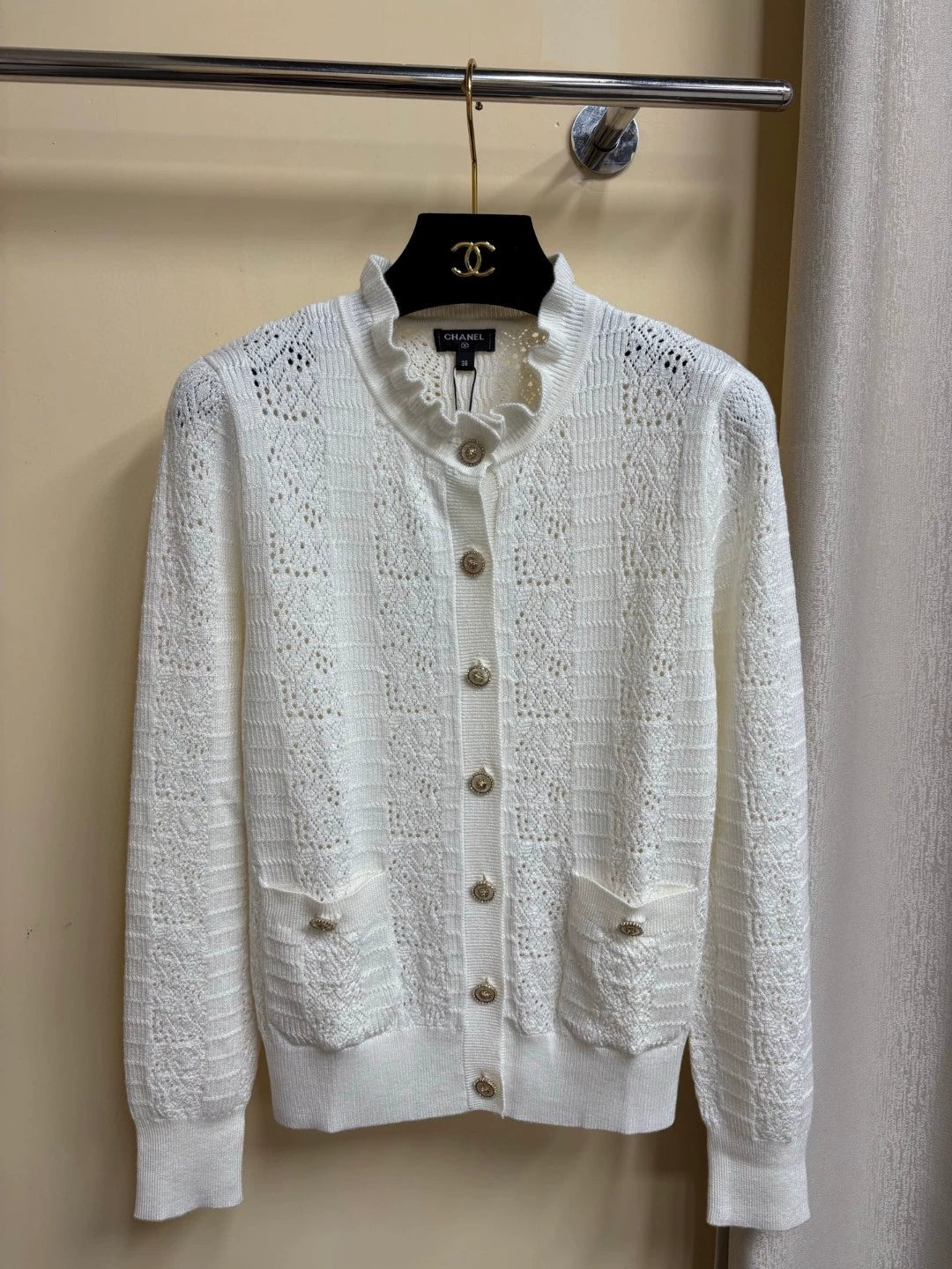 2025 Summer New Hollow Pocket Single-Breasted Ruffled Stand Collar Long-Sleeved Knitted Cardigan