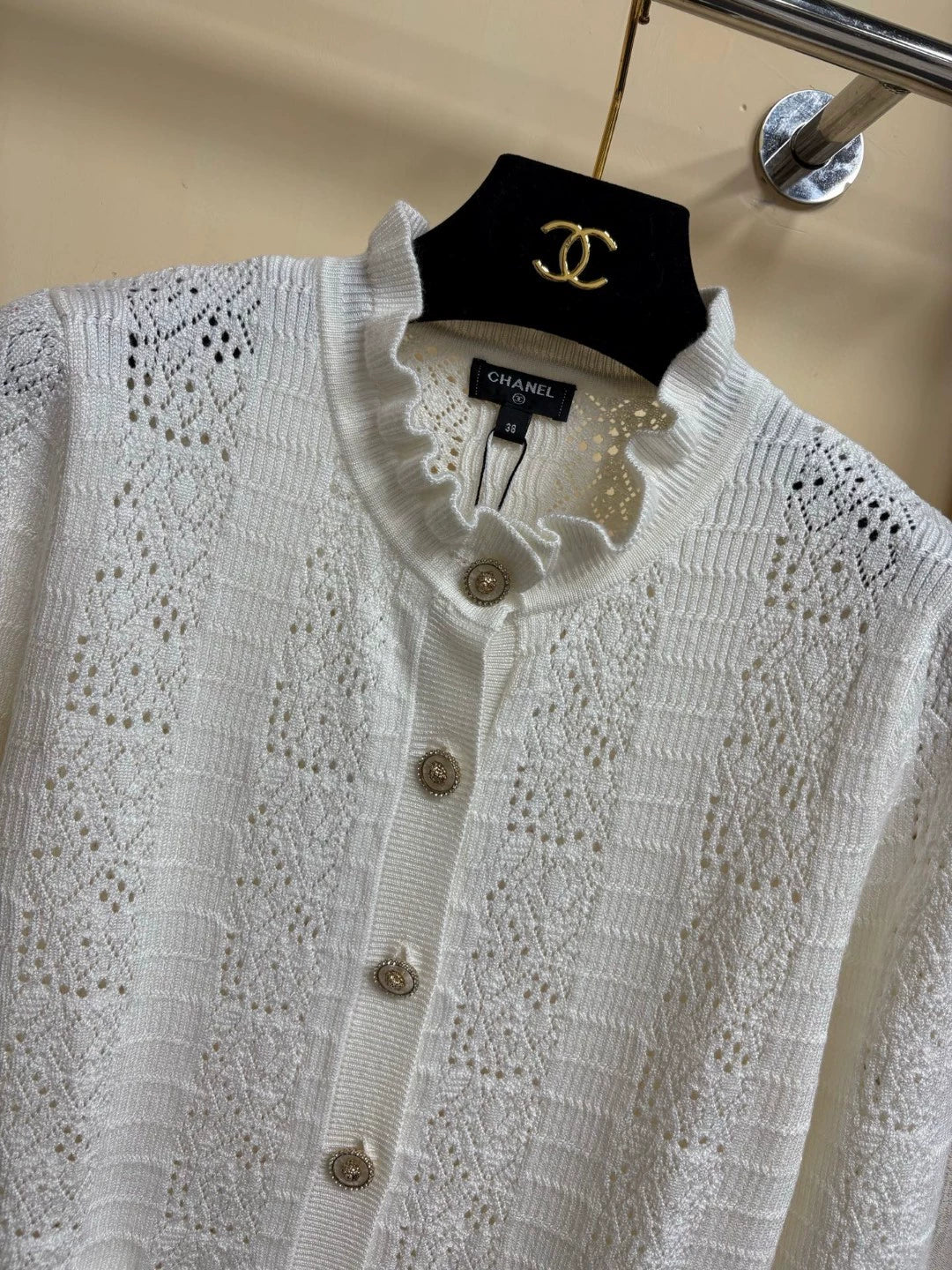 2025 Summer New Hollow Pocket Single-Breasted Ruffled Stand Collar Long-Sleeved Knitted Cardigan