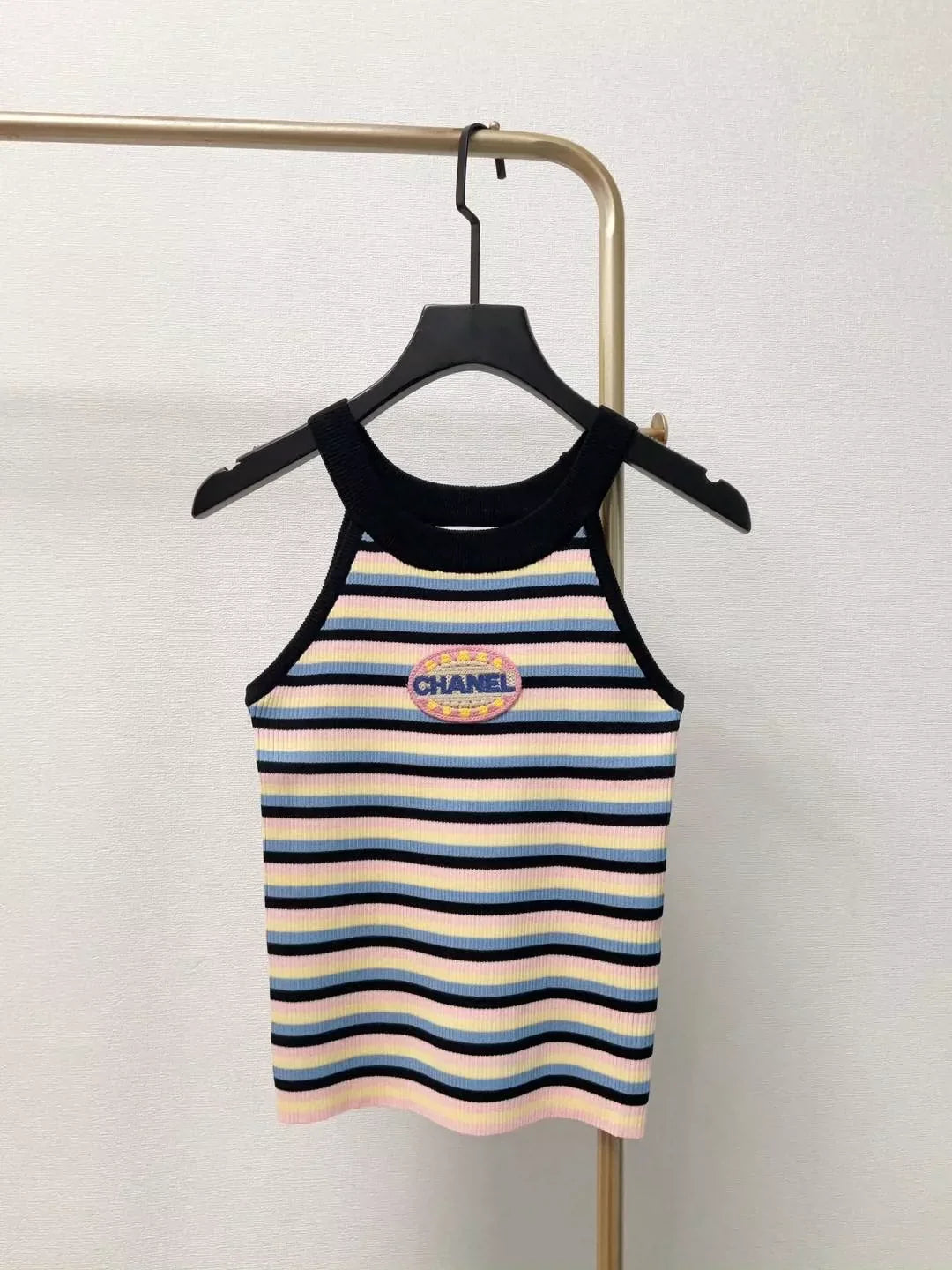 C 25 New Chest Letter Patch Embroidery Color Block Stripe Round Neck Knit Neck Cami Tank Top
