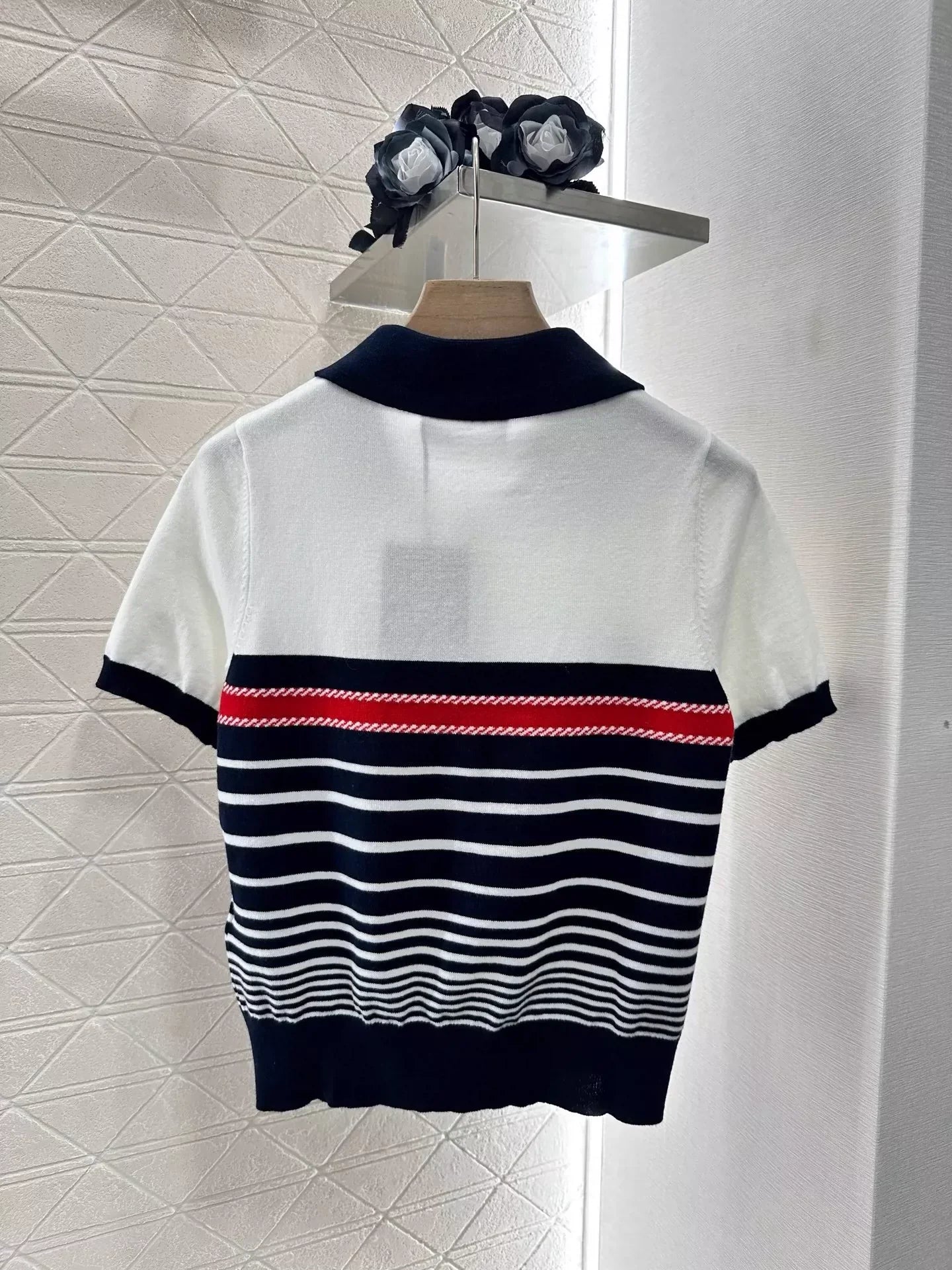G 25 Spring/Summer New Lapel Striped Knit Short Sleeve Top