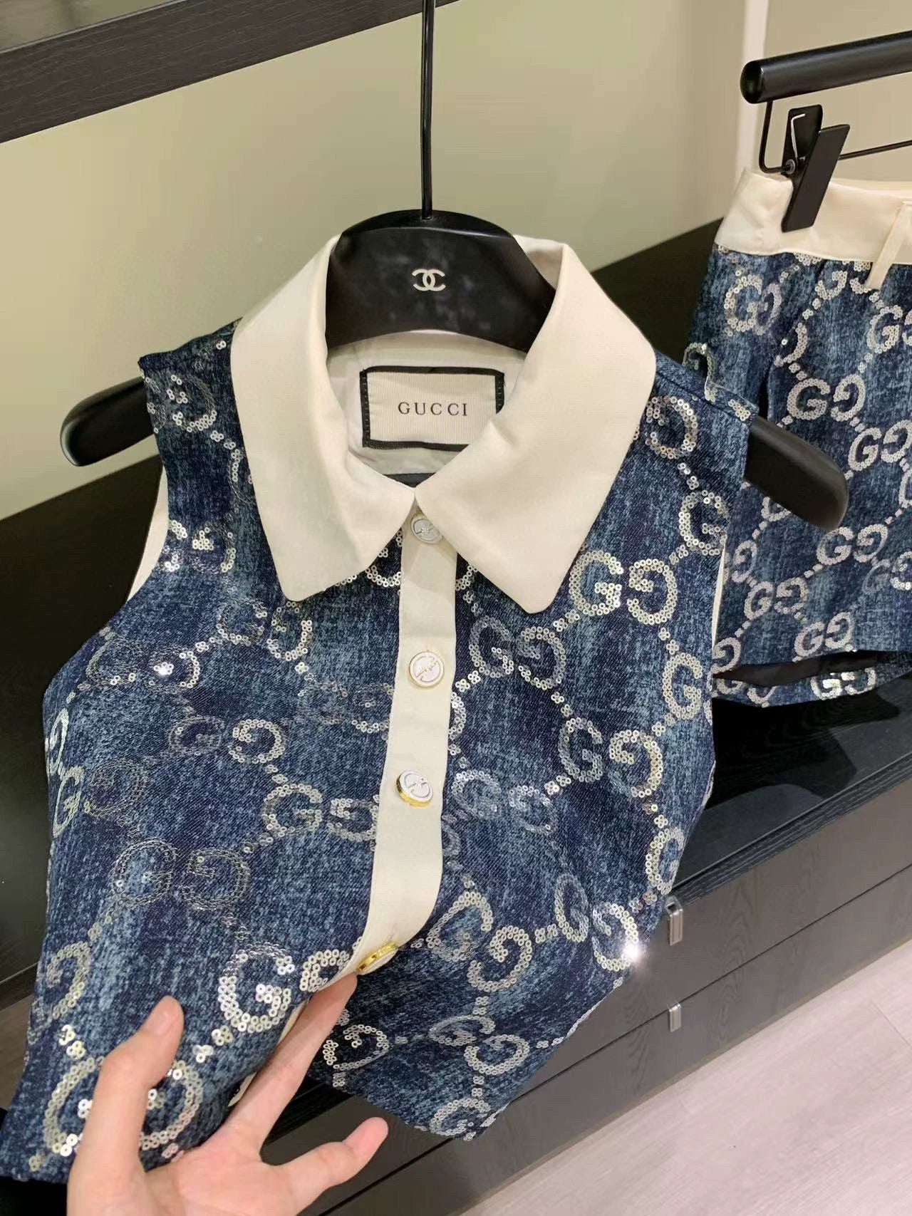 G 25 Denim beaded embroidered patchwork vest ➕shorts set
