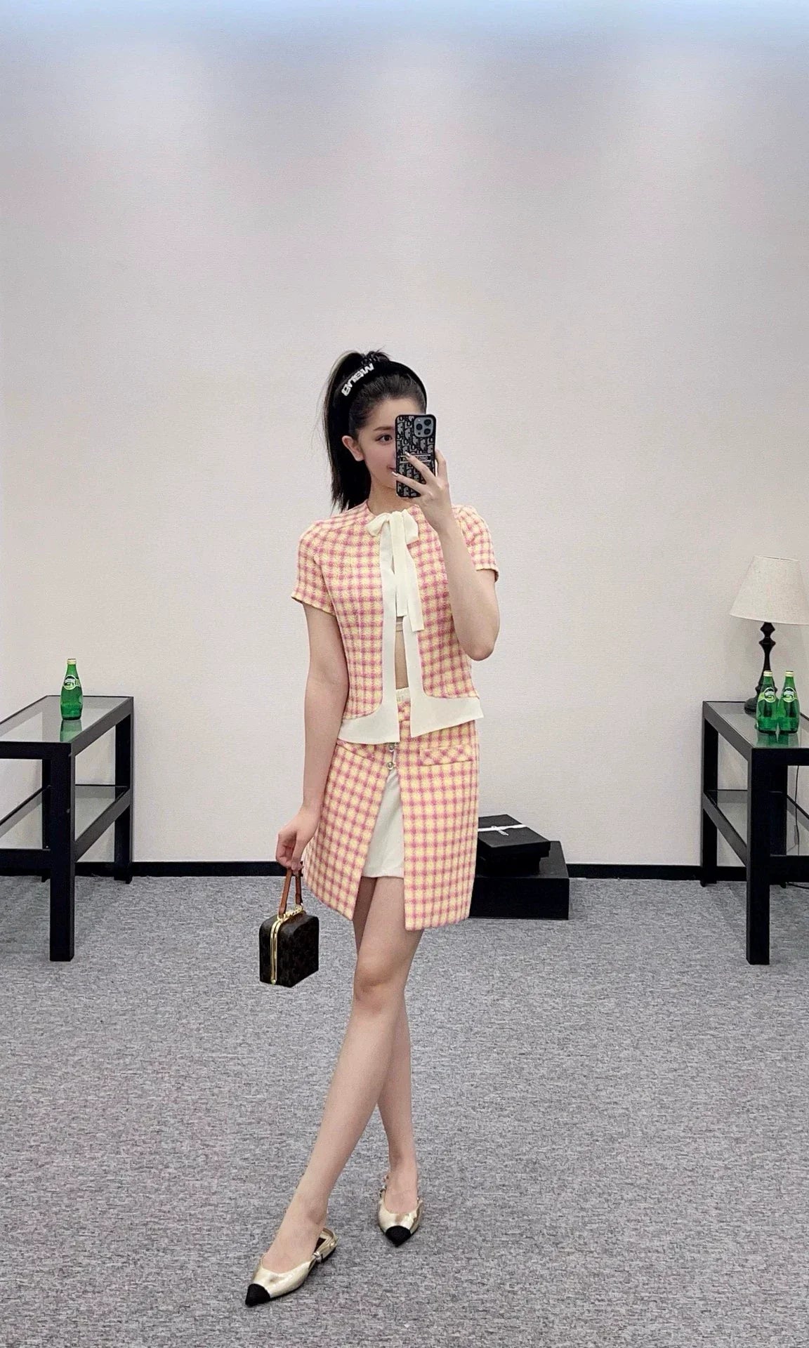 C Spring 25 New Plaid Ribbon Blouse and Half Skirt Set