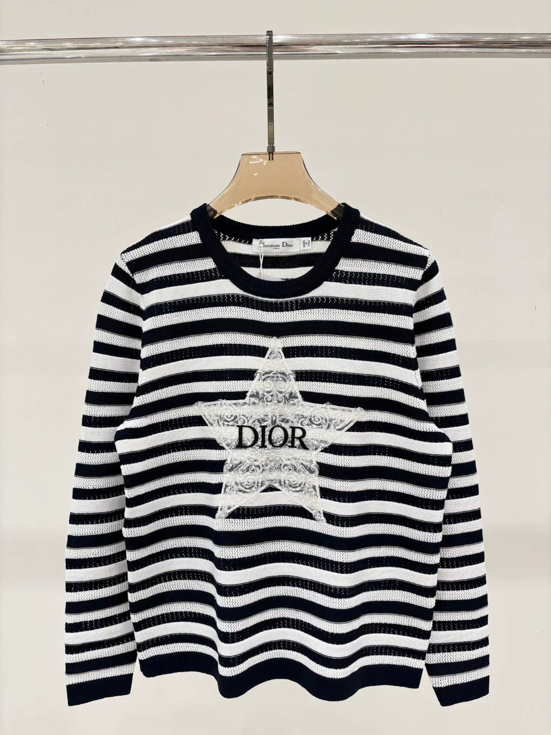 D 25 Spring and Summer New Round Neck Letter Star Embroidery Jacquard Stripe Contrast Color Knitted Long Sleeve