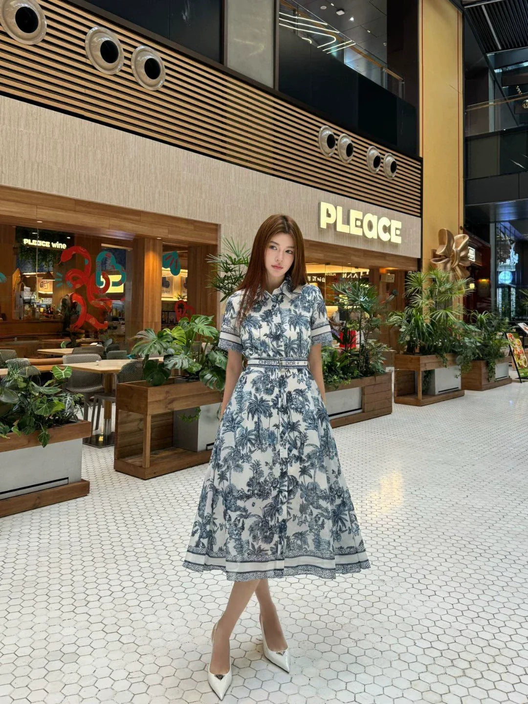 D 25 New Leaf Print Belted Short Sleeve Dresses
