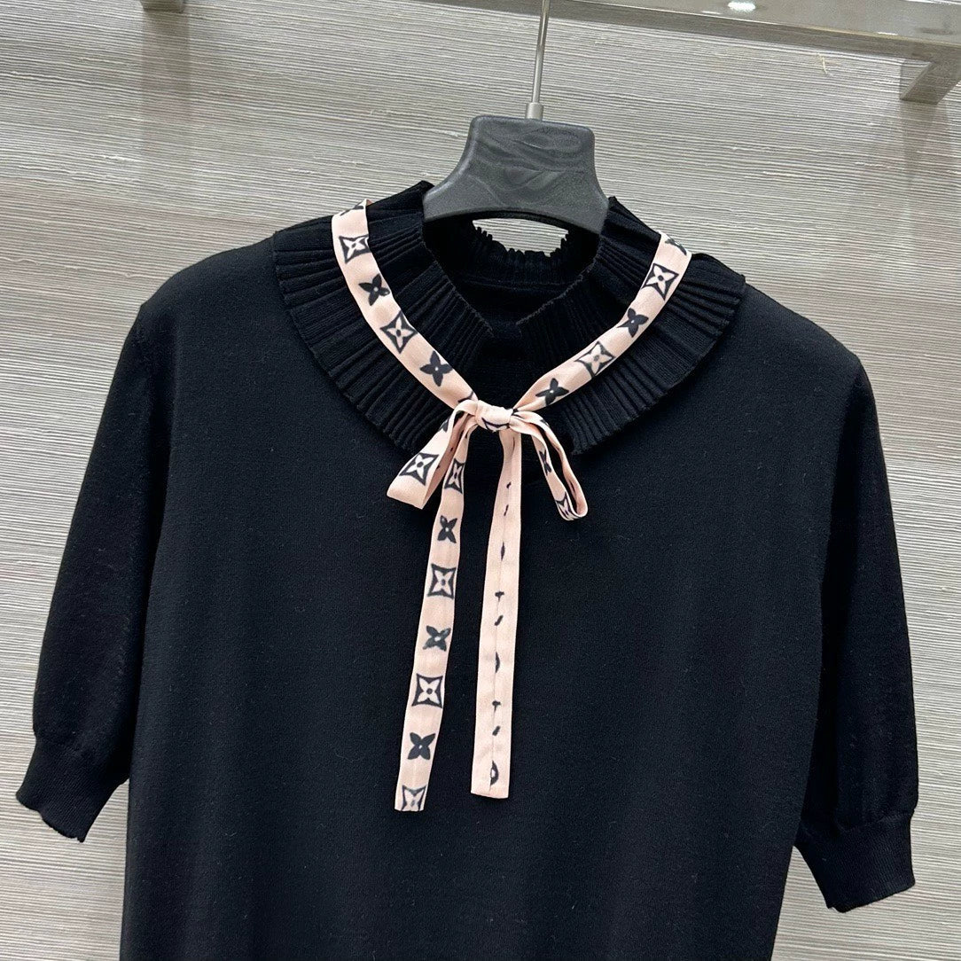 25 Spring/Summer New Lace Stand-up Collar Real Ribbon Short Sleeve