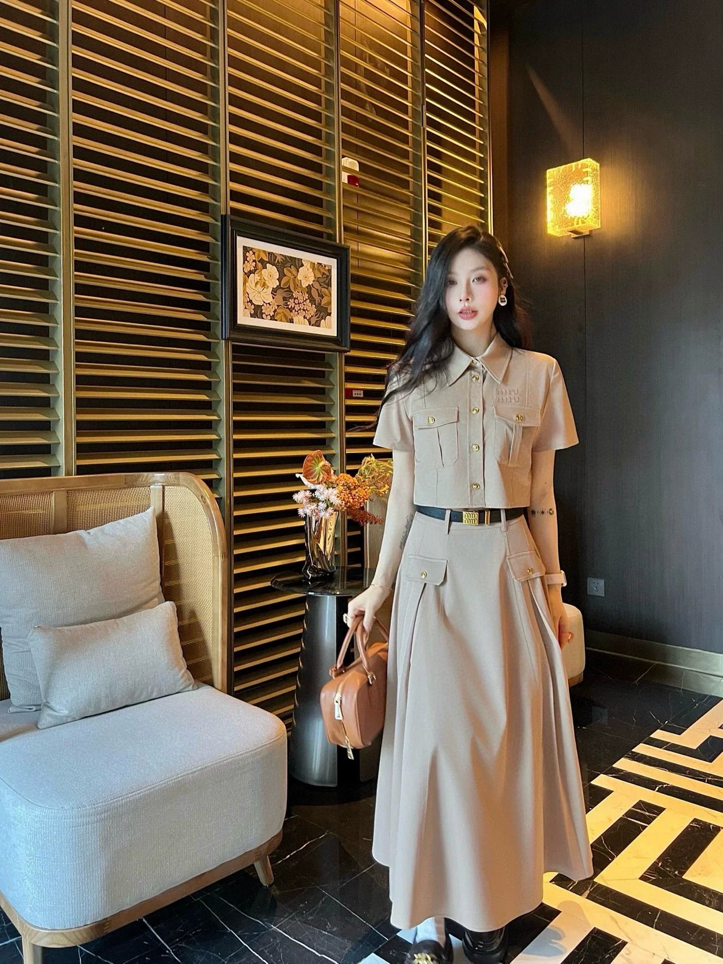 25 New Work Style Short Top + Skirt with Belt Set